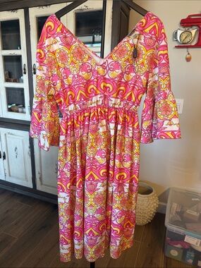 Caprese- Italian Pink, Yellow and White Patterned V-Neck Midi Dress